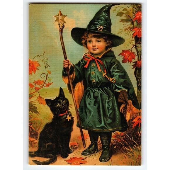 Vintage Halloween Postcard Child Witch with Black Cat Photochrome 6x4 - Picture 1 of 2